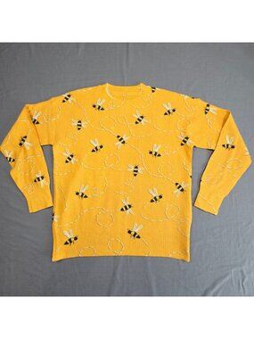 NEW Yellow Bee Print Medium Sweater Unisex Crew Neck Pullover Casual Cute